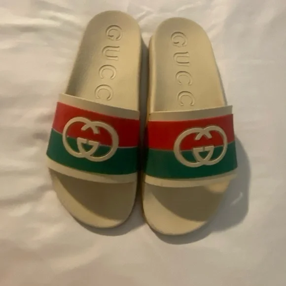 Gucci Cream Slides with Red and Green Stripes